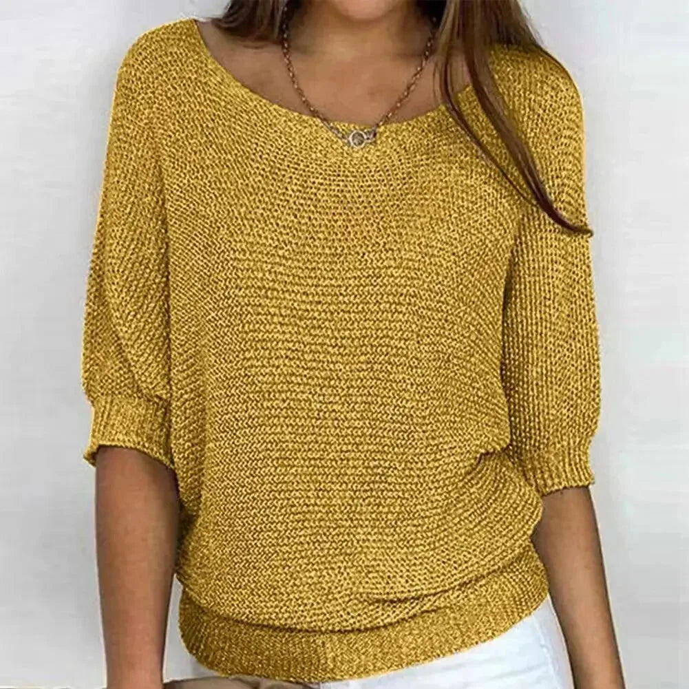 Damen 3/4 Arm Pullover in Gelb aus leichtem Baumwollmix mit Rundhalsausschnitt und lässigem Schnitt für den Alltag.