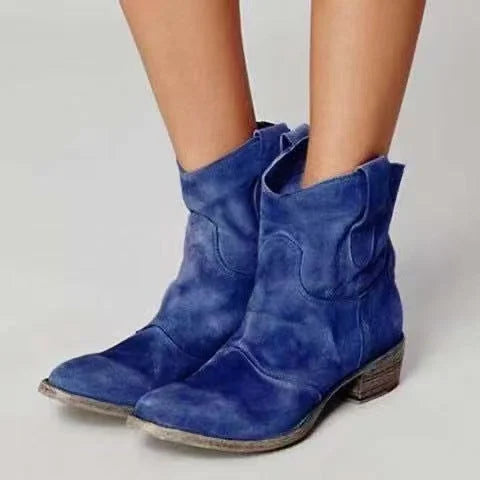 Blau Damen Ankle Booties aus weichem Material, mit Seitenschlaufen und stabilem Blockabsatz für angenehmen Tragekomfort.