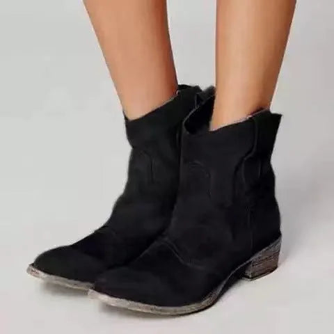 Schwarze Damen Ankle Booties aus Leder mit Seitenschlaufen und blockierter Absatz für bequemen Halt und modernen Stil.