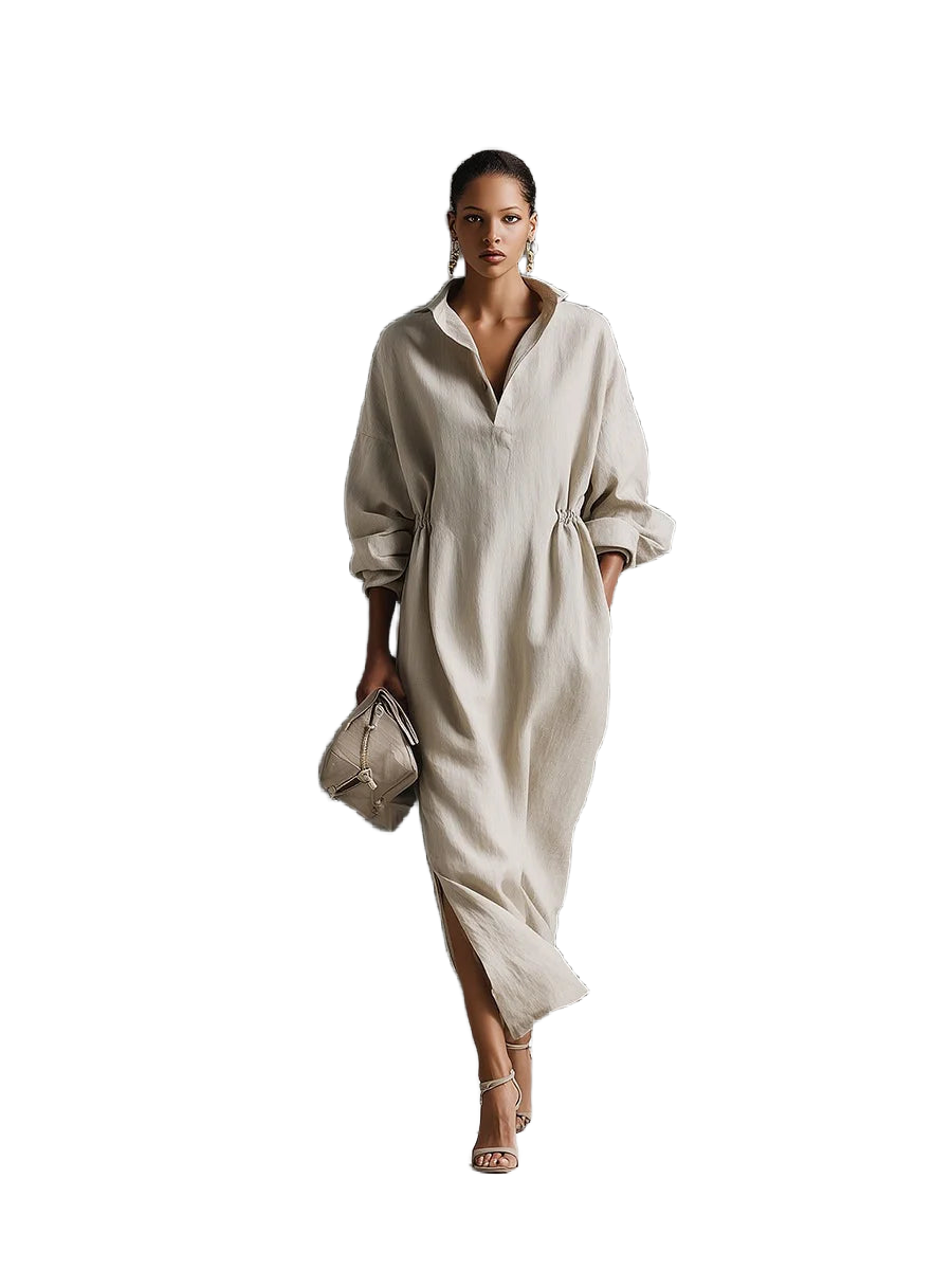 Beiges Damen Maxi-Kleid mit Langärmeln, Kragen und fließendem Stoff, ideal für verschiedene Anlässe.