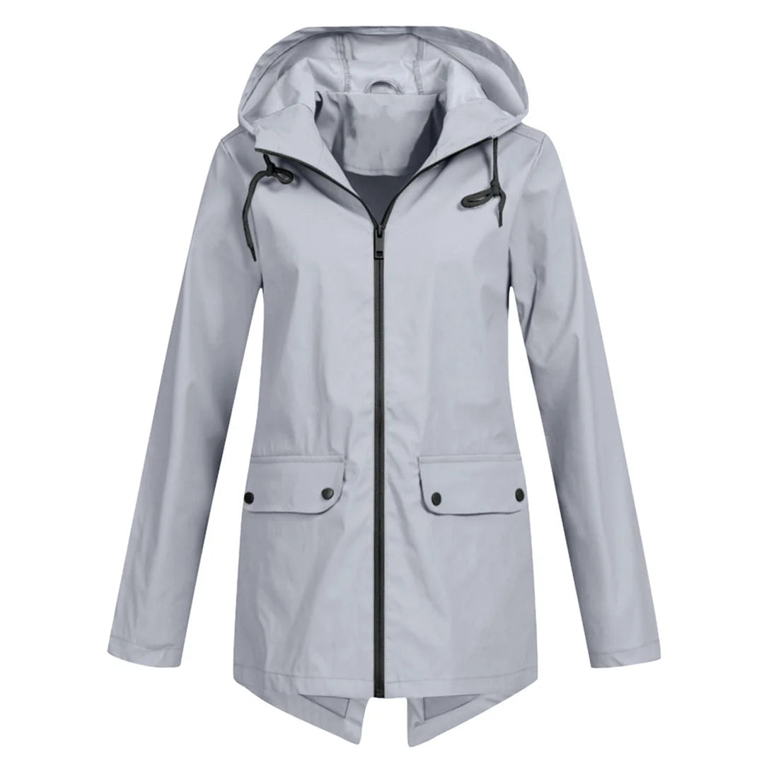 Grau Damen Übergangsjacke mit Reißverschluss, Kapuze und praktischem Design, ideal für wechselhafte Wetterbedingungen.