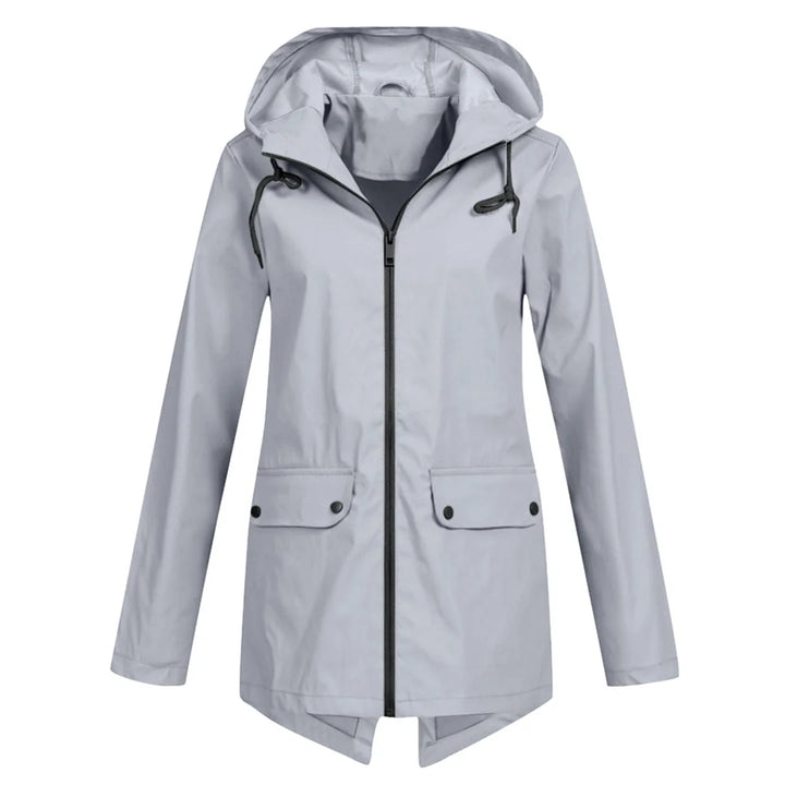 Grau Damen Übergangsjacke mit Reißverschluss, Kapuze und praktischem Design, ideal für wechselhafte Wetterbedingungen.