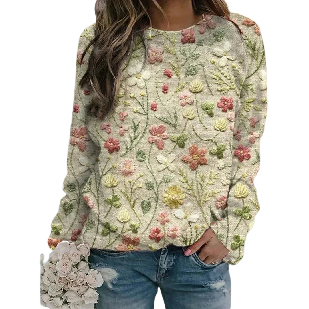 Beiger Damen Blumenpullover mit aufwendiger Stickerei, aus weichem Material für angenehmen Tragekomfort und stilvollen Look.