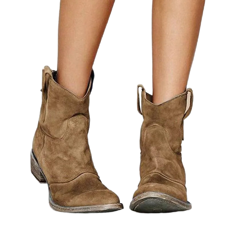 Braune Damen Ankle Booties aus Leder mit Seitenschlaufen und stabilem Blockabsatz für bequemes Tragen im Alltag.