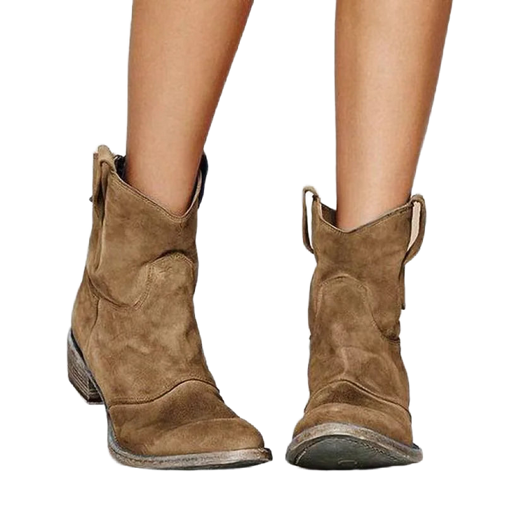 Braune Damen Ankle Booties aus Leder mit Seitenschlaufen und stabilem Blockabsatz für bequemes Tragen im Alltag.