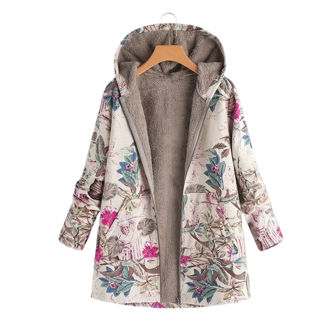 Beige Damen Parka mit Blumenmuster, weich gefüttert, ideal für kühle Tage, mit Kapuze und praktischen Taschen.