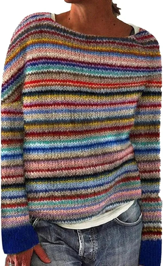 Damen gestreifter Herbstpullover mit Rundhalsausschnitt aus weichem Baumwollgemisch in Regenbogenfarben. Ideal für kühle…