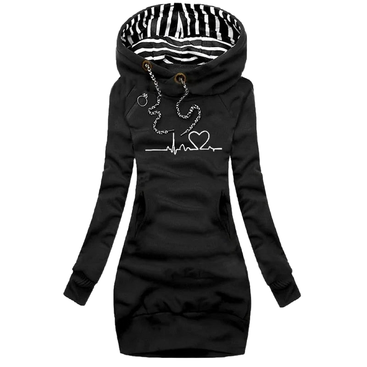 Schwarzer Damen Kapuzenpullover aus Baumwolle mit Herzlinienmuster und praktischer Kängurutasche. Ideal für den Alltag.