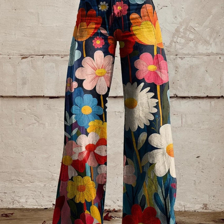 Damen Hose mit Blumenmuster, weitem Bein aus leichter Baumwolle, ideal für den Sommer, lässiger Schnitt und bequeme Passform.