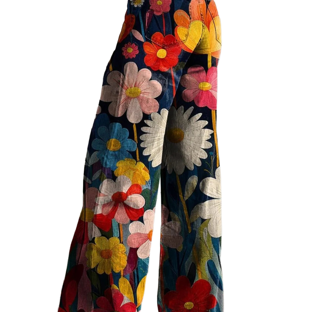 Mehrfarbige Damen Hose mit Blumenmuster, weitem Bein und leichtem, atmungsaktivem Material für Komfort und Stil im Alltag.
