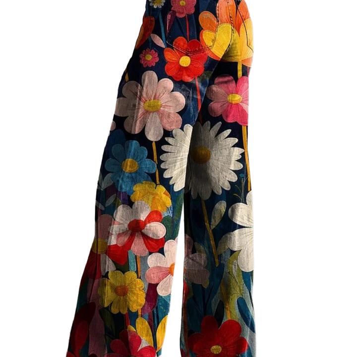 Mehrfarbige Damen Hose mit Blumenmuster, weitem Bein und leichtem, atmungsaktivem Material für Komfort und Stil im Alltag.