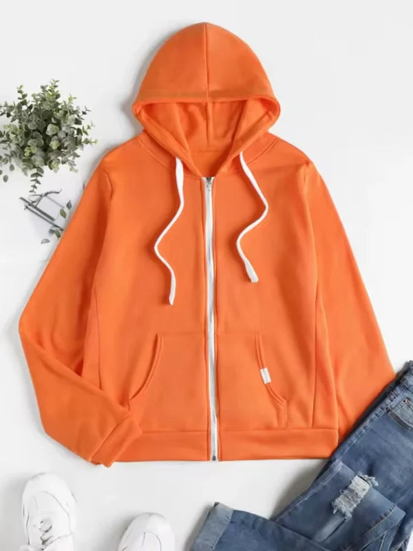 Orange Damen Kapuzenjacke aus bequemem Material mit Reißverschluss und Kordelzug für individuelle Anpassung und Tragekomfort.