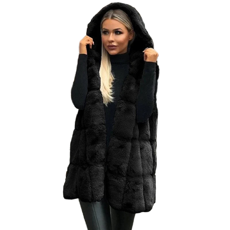 Damen Kunstfell Weste mit Kapuze und Taschen