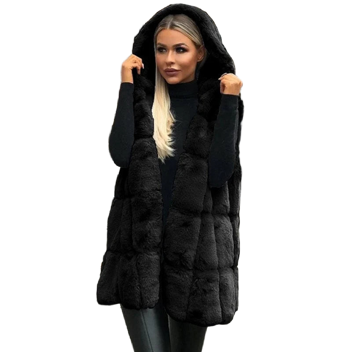 Damen Kunstfell Weste mit Kapuze und Taschen