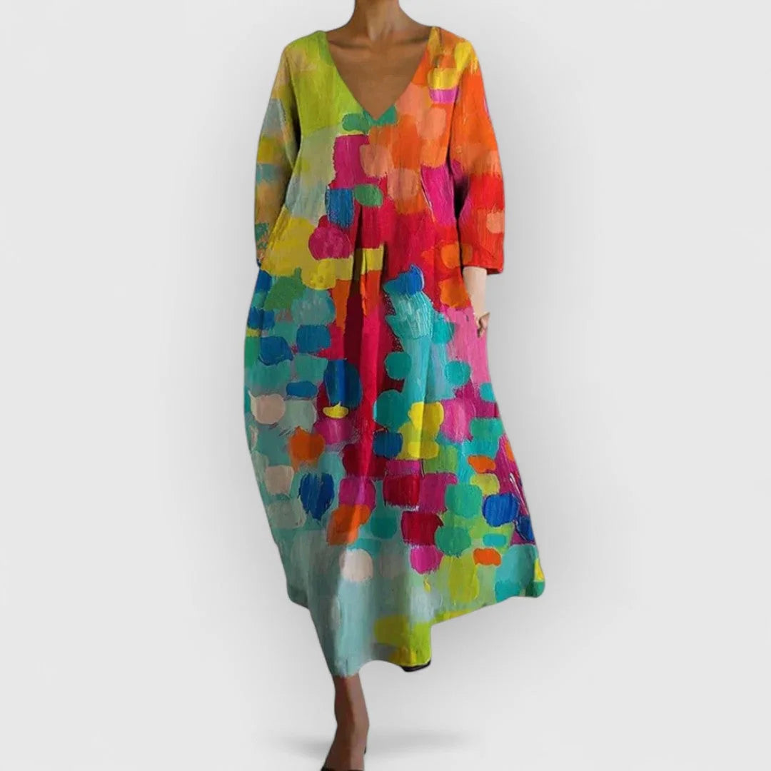 Damen Midikleid mit buntem V-Ausschnitt und A-Linie