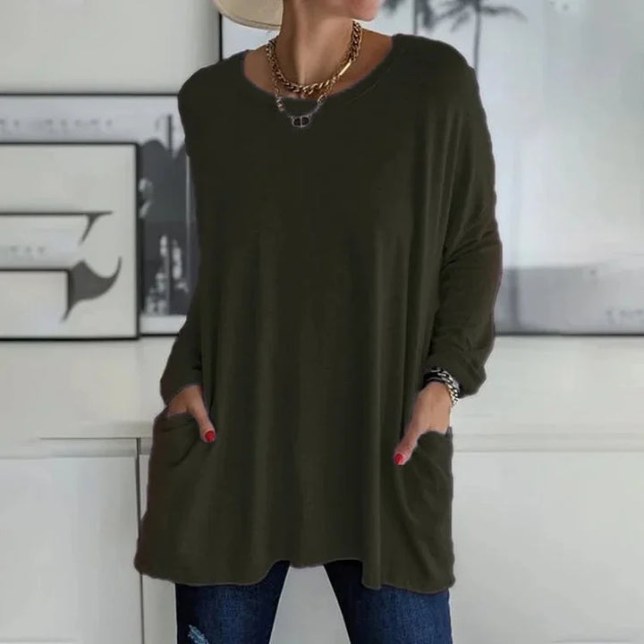 Grüner Damen Oversize Pullover mit Rundhalsausschnitt, Taschen und weichem, gemütlichem Material für den Alltag.