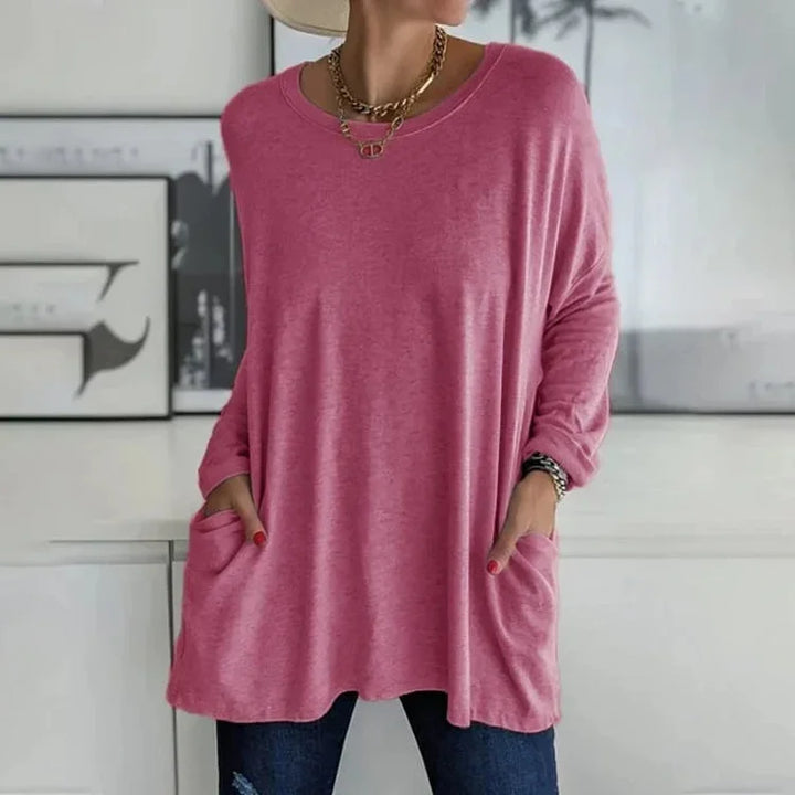 Damen Oversize Pullover in Rosa Rot, rundhalsausschnitt, bequeme Passform und praktische Taschen, aus weichem Material…