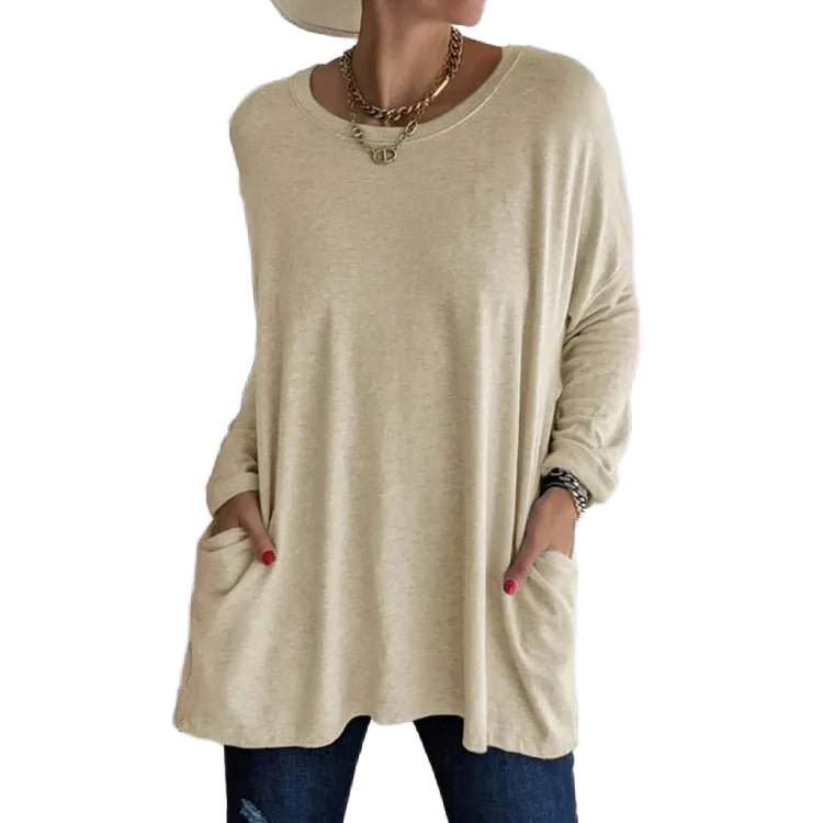 Damen Oversize Pullover in Khaki, aus weichem Baumwollmix mit Rundhalsausschnitt und praktischen Taschen.