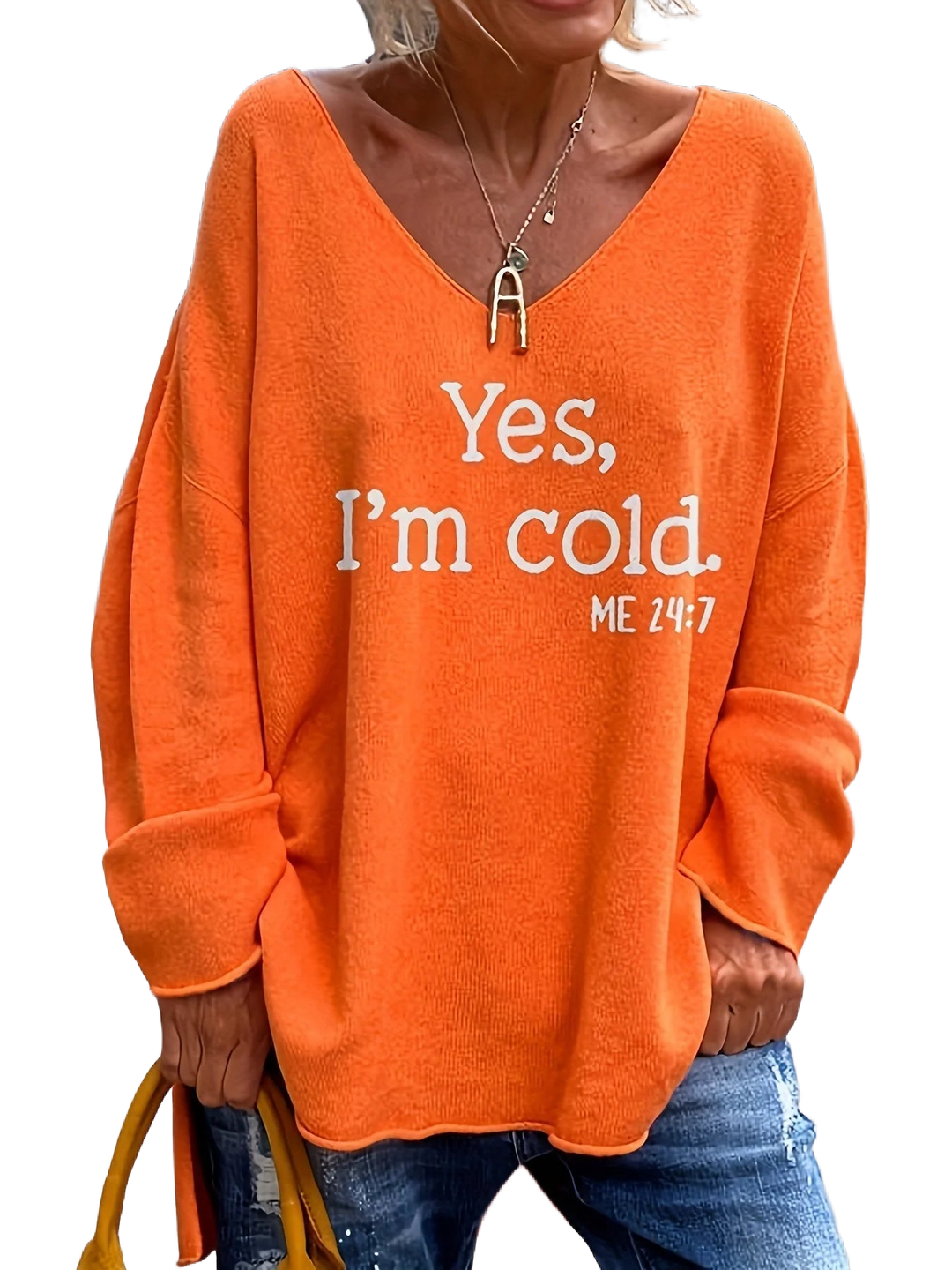 Damen Oversize Pullover in Orange-Rot, V-Ausschnitt, weicher Stoff, mit auffälligem Statement-Print für lässige Looks.