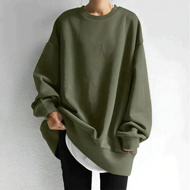 Olivgrünes Damen Oversize Sweatshirt mit Rundhalsausschnitt, langen Ärmeln und bequemem, weichem Material für Alltag.