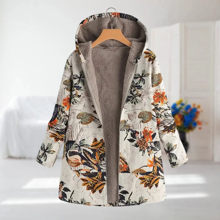 Damen Parka in Beige und Orange mit Blumenmuster, weich gefüttert, ideal für den Herbst, aus strapazierfähigem Material.