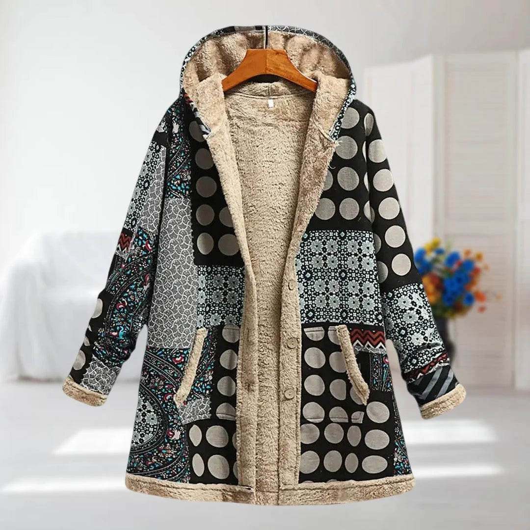 Damen Parka in Schwarz-Grau mit Blumenmuster, weich gefüttert und aus strapazierfähigem Material für kühle Tage.