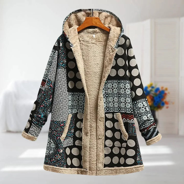 Damen Parka in Schwarz-Grau mit Blumenmuster, weich gefüttert und aus strapazierfähigem Material für kühle Tage.