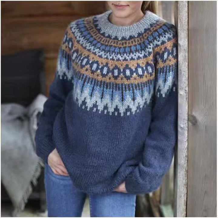 Grau Damen Pullover mit Fair Isle Muster, entspanntem Schnitt und weichem Material für hohen Tragekomfort.