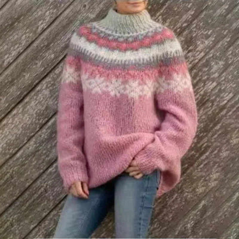 Rosa Damen Pullover mit Fair Isle Muster, entspanntem Schnitt und weichem Material für komfortable Trageeigenschaften.