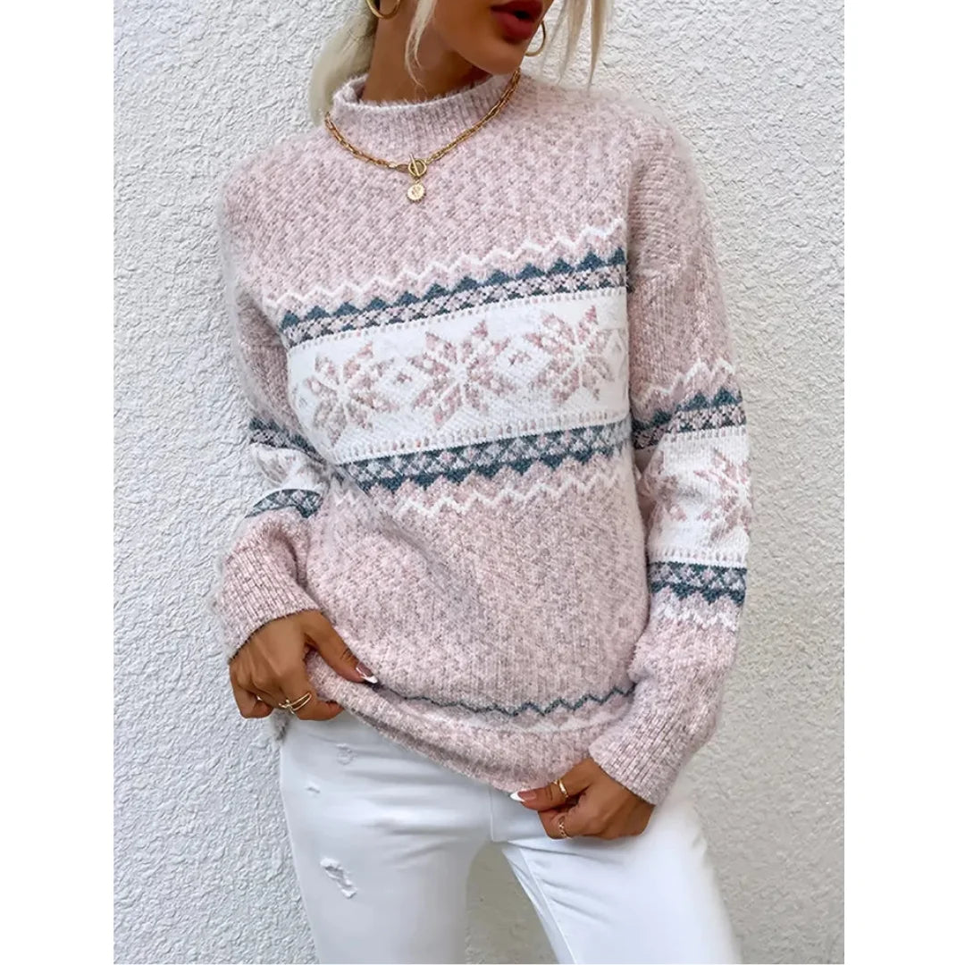 Hellrosa Damen Pullover mit Schneeflockenmuster, aus weicher Baumwolle, ideal für Herbst und Winter, lässiger Schnitt.