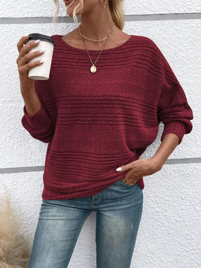 Damen Pullover mit Streifen, weitem Rundhalsausschnitt und weichem Baumwollmix, ideal für lässige Outfits.