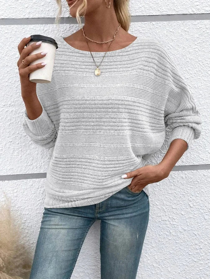 Damen Pullover mit Streifen, weiter Rundhalsausschnitt, aus weichem Baumwollmix, ideal für lässige Alltagslooks.