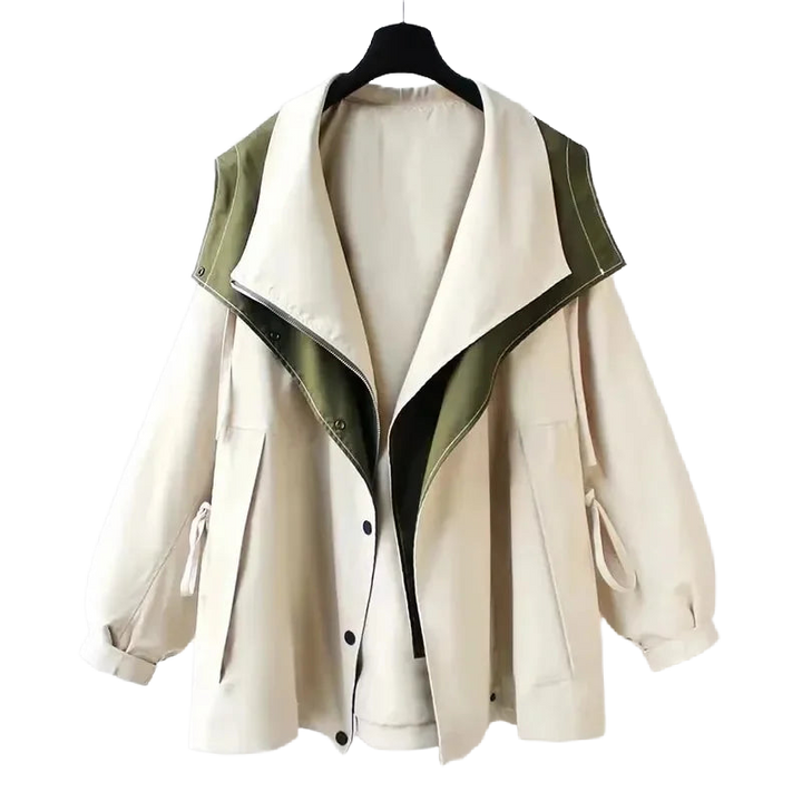 Damen Freizeit Regenjacke in Weiß, aus leichtem, wasserabweisendem Material mit Kordelzug und kapuzen Design.