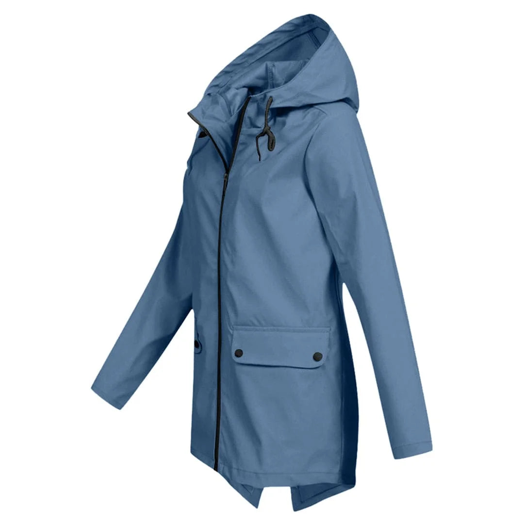 Damen Regenjacke mit Kapuze, aus wasserdichtem Material, mit praktischen Taschen und sportlichem Schnitt für Alltag und…