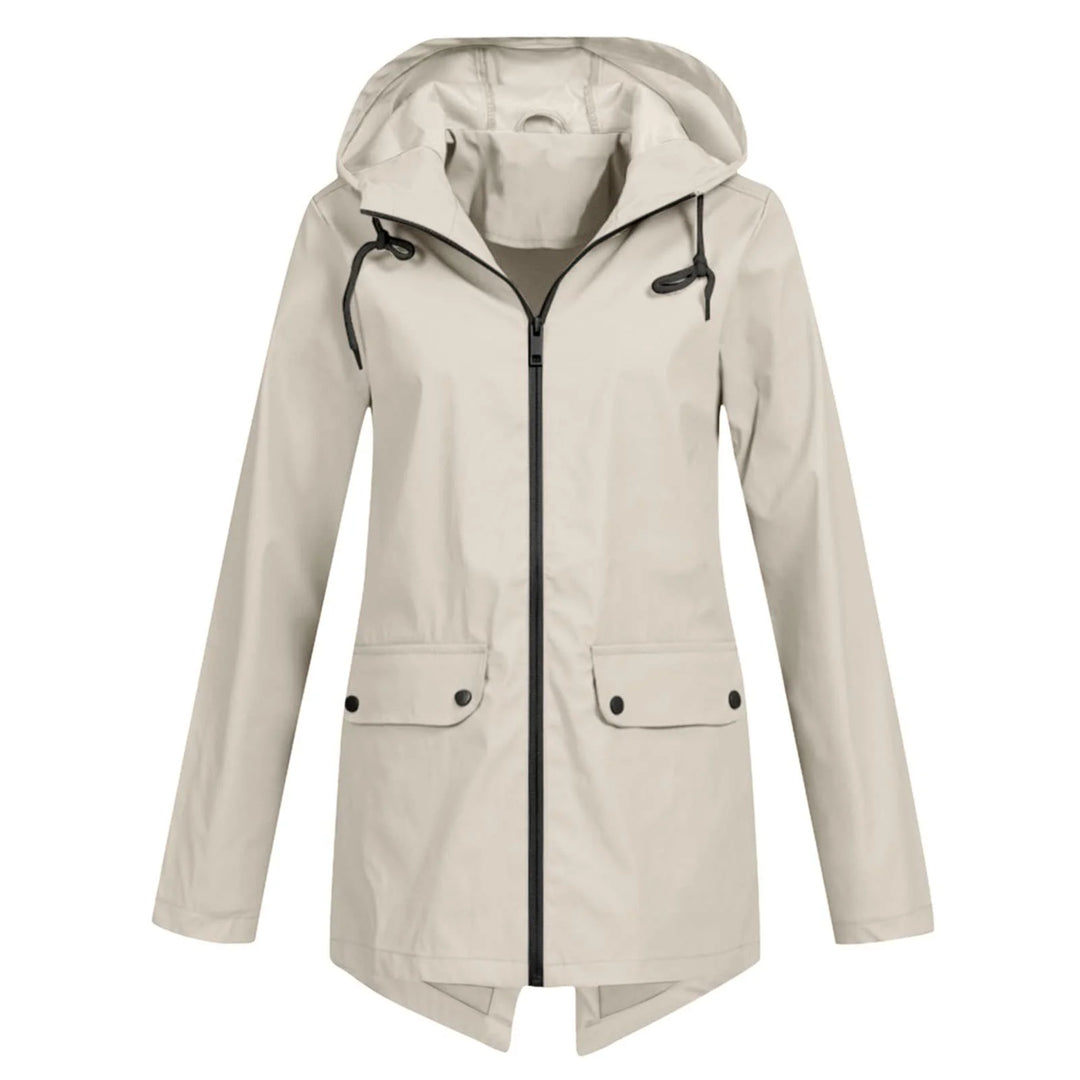 Beige Damen Regenjacke mit Kapuze, wasserabweisendem Material und praktischen Taschen für den Alltag.