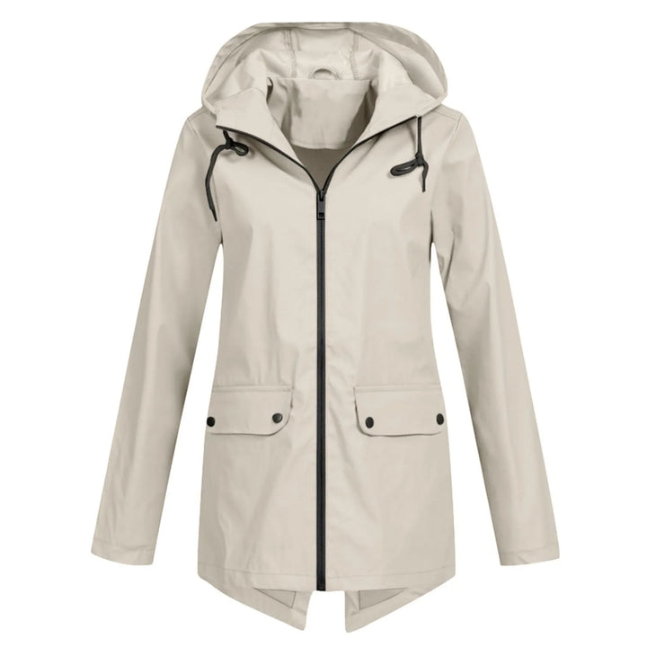 Beige Damen Regenjacke mit Kapuze, wasserabweisendem Material und praktischen Taschen für den Alltag.