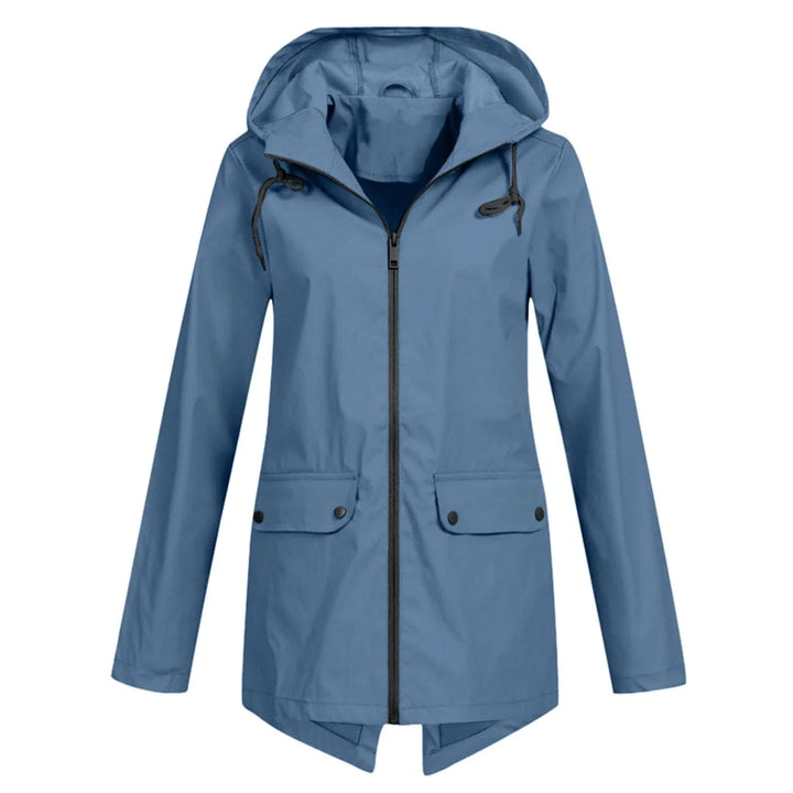 Damen Regenjacke in Blau, mit Kapuze, praktischen Taschen und wasserabweisendem Material für optimalen Schutz bei Regen.