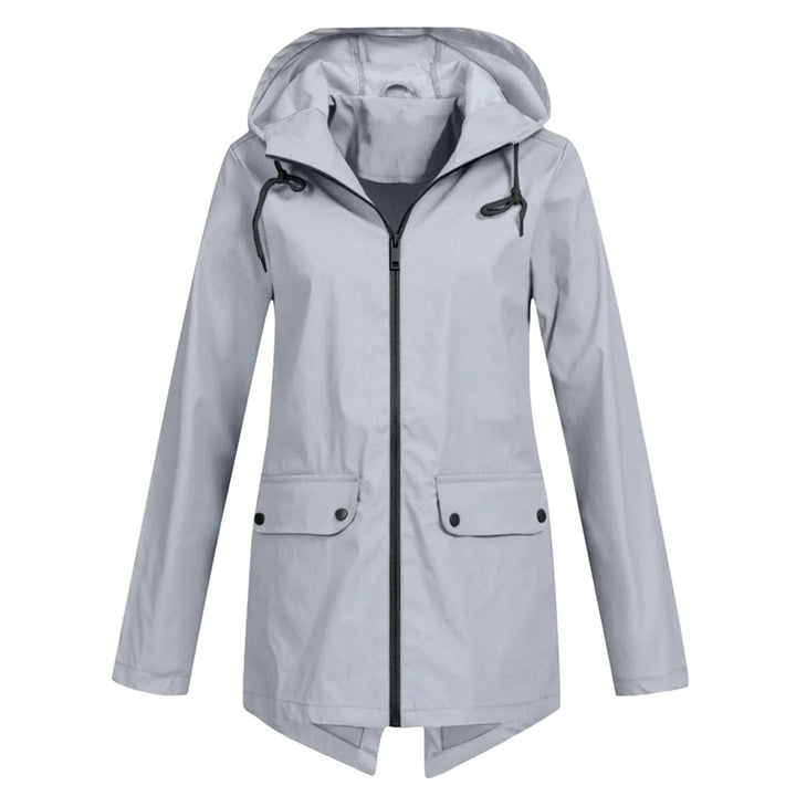 Grau Damen Regenjacke mit Kapuze, wasserabweisend, praktischen Taschen und atmungsaktivem Material für den Alltag.