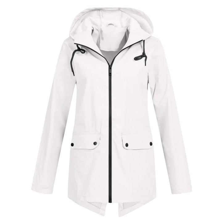 Weiße Damen Regenjacke mit Kapuze, wasserabweisendem Material und praktischen Taschen für optimalen Schutz bei Regen.