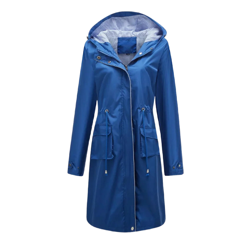Blauer Damen Trenchcoat mit Kapuze, wasserdichtem Stoff und tailliertem Schnitt für stilvollen Wetterschutz.