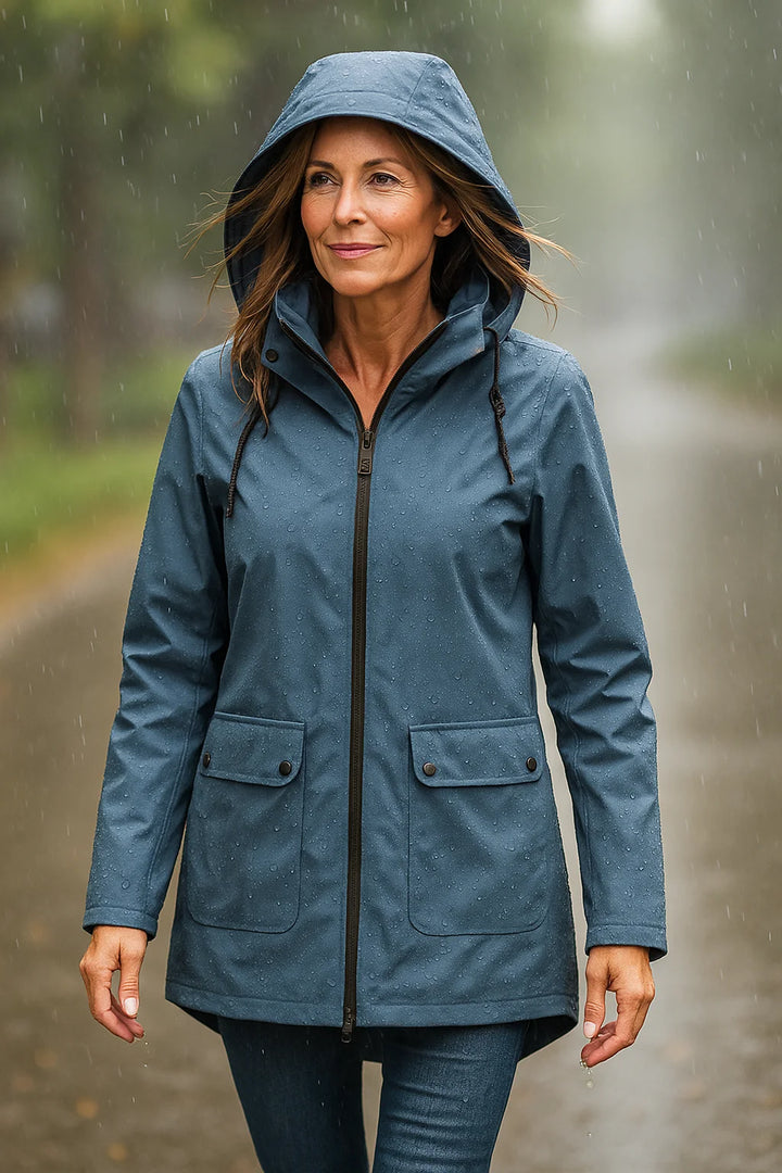 Damen Regenjacke aus wasserdichtem Material mit verstellbarer Kapuze und praktischem Reißverschluss hinten.