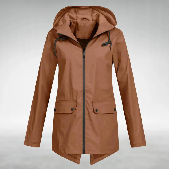 Braune Damen Regenjacke mit verstellbarer Kapuze, wasserabweisend, leicht und atmungsaktiv für den Alltag.