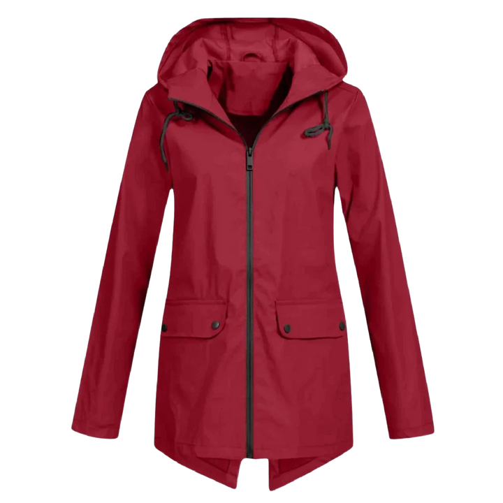 Rote Damen Regenjacke aus leichtem, wasserabweisendem Material mit verstellbarer Kapuze und praktischen Taschen.