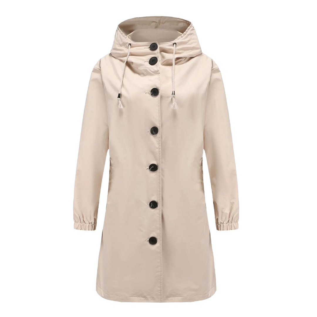 Beige Damen Regenjacke mit Kapuze, Knopfleiste und wasserdichten Eigenschaften für optimalen Schutz bei Regen.