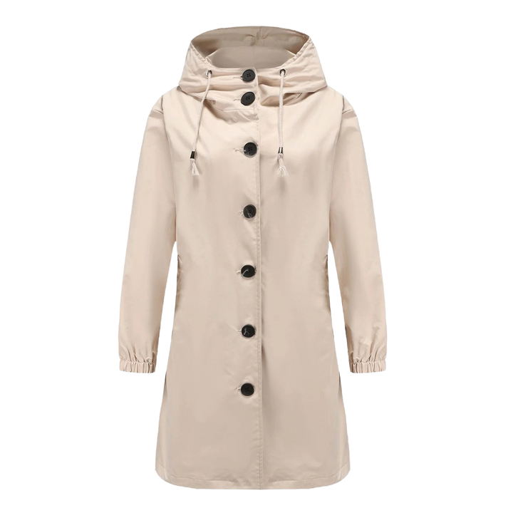 Beige Damen Regenjacke mit Kapuze, Knopfleiste und wasserdichten Eigenschaften für optimalen Schutz bei Regen.