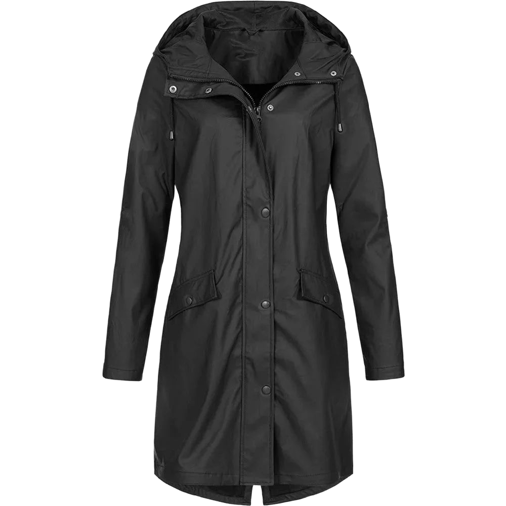 Schwarzer Damen Kapuzenmantel aus weichem Material, lang geschnitten mit Rückenschlitz für Bewegungsfreiheit und Stil.