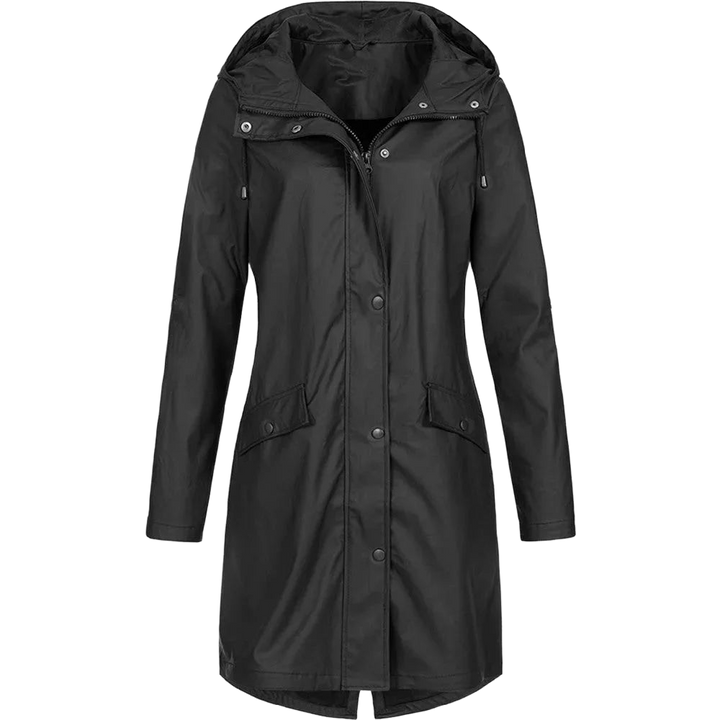 Schwarzer Damen Kapuzenmantel aus weichem Material, lang geschnitten mit Rückenschlitz für Bewegungsfreiheit und Stil.