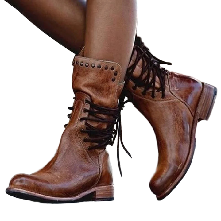 Braune Damen Schnürstiefel aus Leder mit Nieten und robustem Blockabsatz für Alltag und Freizeit.