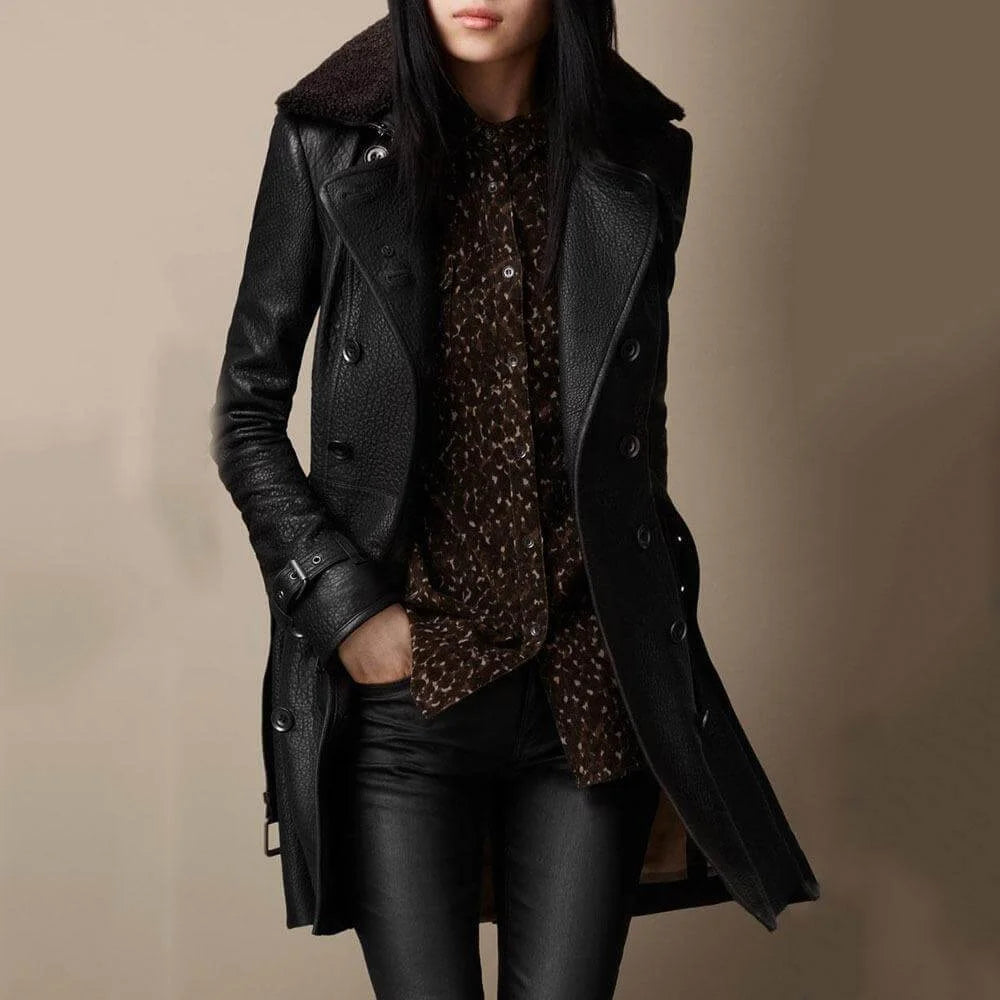 Damen Trenchcoat Lang mit Bikerstil und Fellkragen