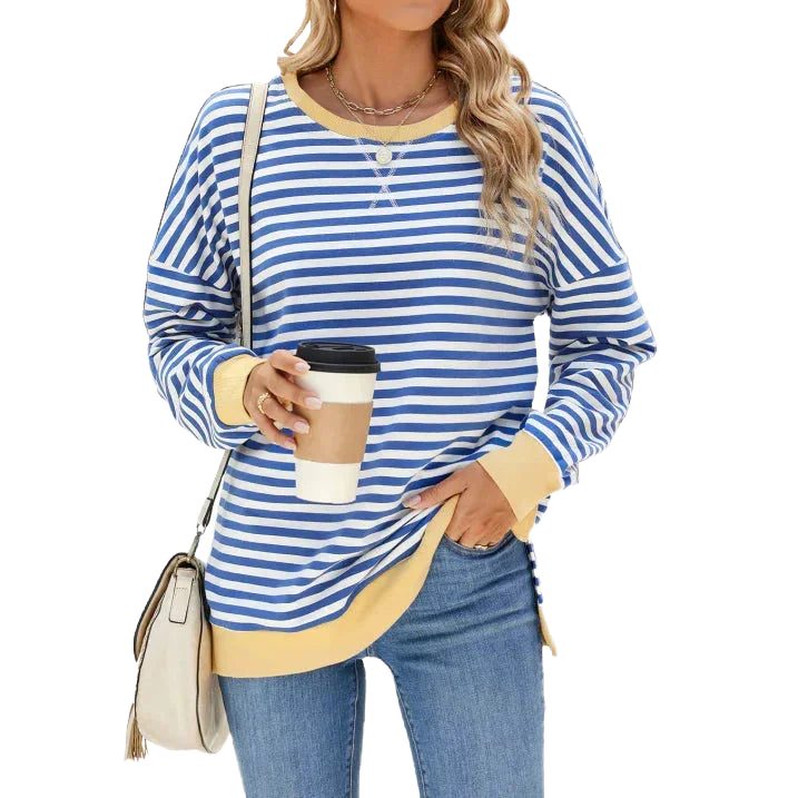 Blauer Damen Streifenpullover mit Rundhals, Langarm und weichem Baumwoll-Mix für angenehmen Tragekomfort und lässigen Stil.